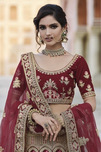 Velvet Hand Work Lehenga Choli In Maroon Colour - LD4900695