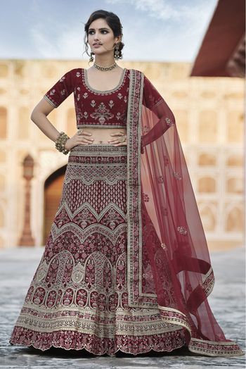 Velvet Hand Work Lehenga Choli In Maroon Colour - LD4900699