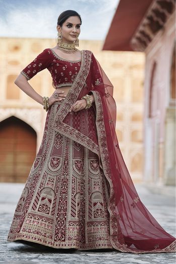 Velvet Hand Work Lehenga Choli In Maroon Colour - LD4900701