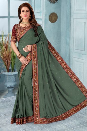 Vichitra Silk Embroidery Saree In Green Colour - SR1543249