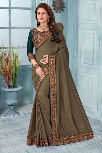 Vichitra Silk Embroidery Saree In Oilve Green Colour - SR1543245