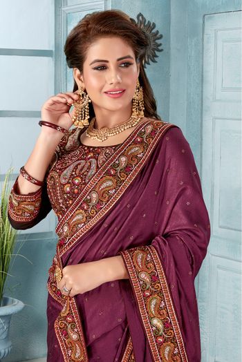 Vichitra Silk Embroidery Saree In Wine Colour - SR1543244