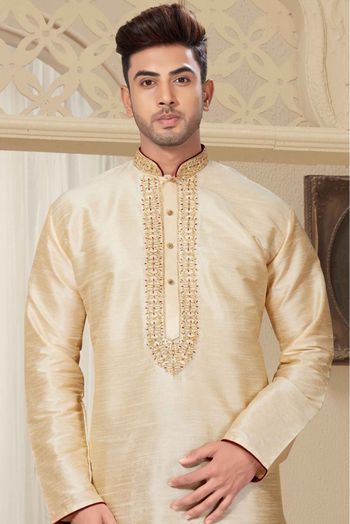 Art Dhupion Kurta Pajama In Beige Gold Colour