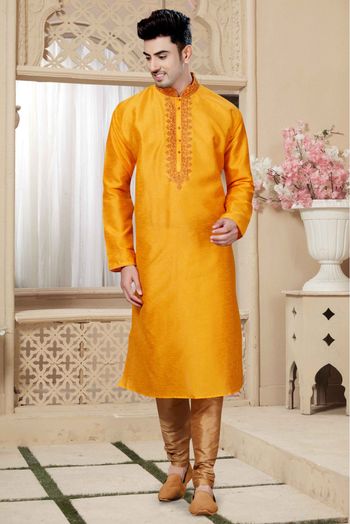 Art Dhupion Kurta Pajama In Mustard Colour