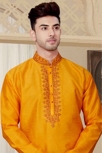 Art Dhupion Kurta Pajama In Mustard Colour