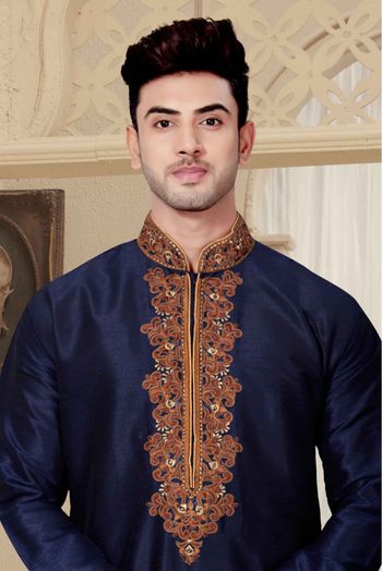 Art Dhupion Kurta Pajama In Navy Blue Colour - KP4120017