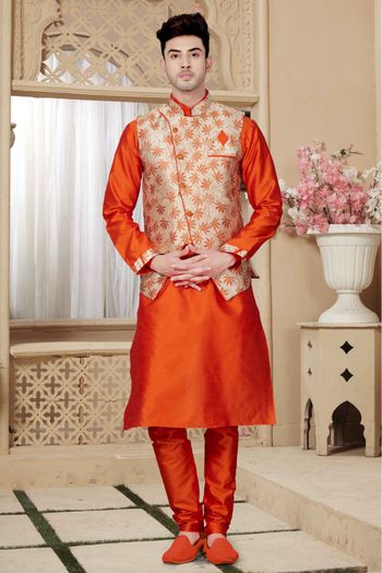 Art Dhupion Kurta Pajama In Orange Colour - KP4120003