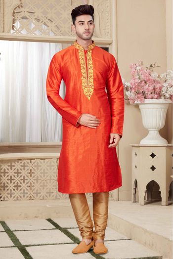 Art Dhupion Kurta Pajama In Orange Colour - KP4120016