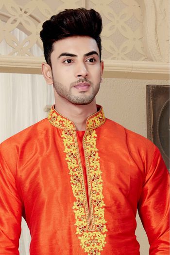 Art Dhupion Kurta Pajama In Orange Colour - KP4120016