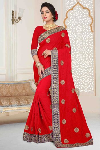 Georgette Embroidered Saree In Red Colour - SR1541244