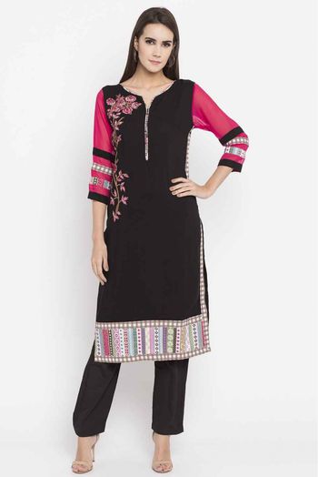 Plus Size Cotton Embroidery Kurti In Black Colour