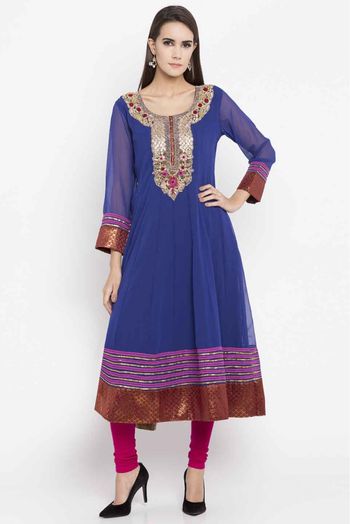 Plus Size Faux Georgette Embroidery Kurti In Blue Colour - KR2710397