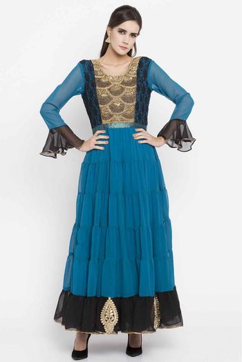 Plus Size Faux Georgette Embroidery Kurti In Blue Colour - KR2710401