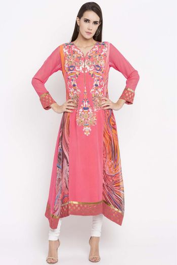 Plus Size Faux Georgette Embroidery Kurti In Pink Colour