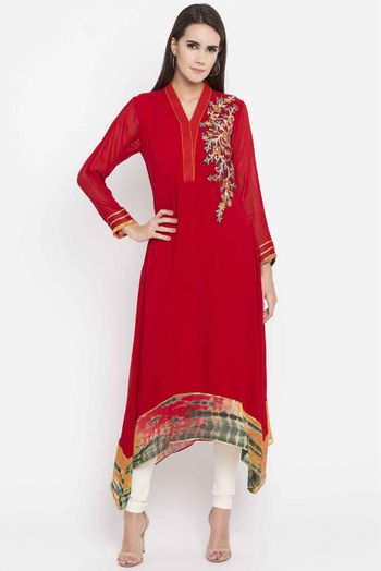 Plus Size Faux Georgette Embroidery Kurti In Red Colour - KR2710394