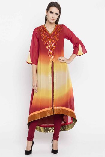 Plus Size Faux Georgette Embroidery Kurti In Red Colour - KR2710400