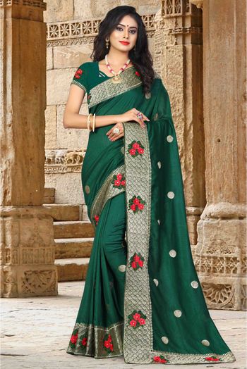 Vichitra Silk Woven Saree In Green Colour