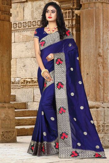 Vichitra Silk Woven Saree In Navy Blue Colour