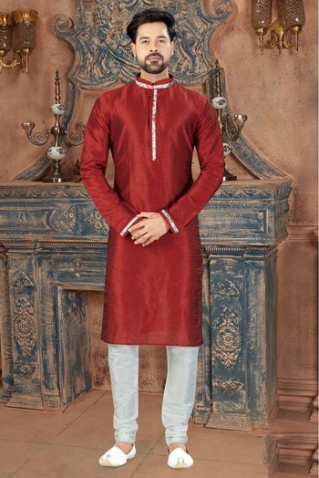 Art Dhupion Party Wear Kurta Pajama In Maroon Colour