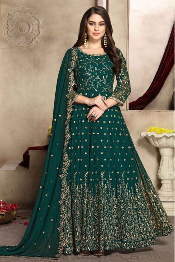 Georgette Anarkali Suit In Green Colour