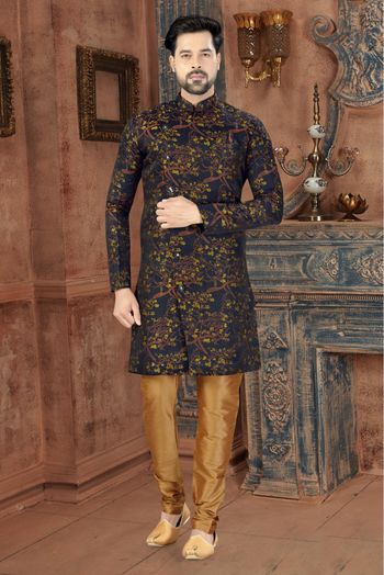 Jacquard Party Wear Sherwani In Navy Blue And Yellow Colour