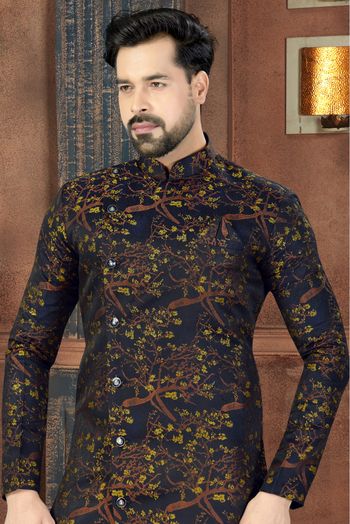 Jacquard Party Wear Sherwani In Navy Blue And Yellow Colour