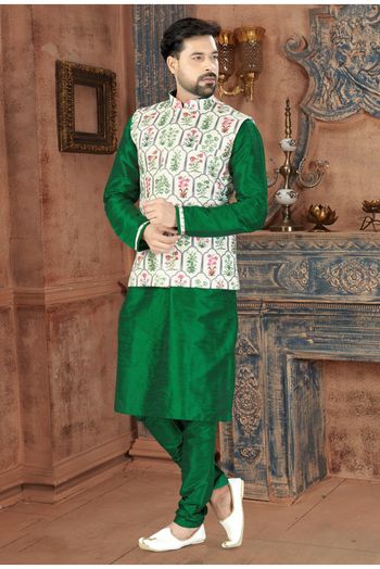 Silk Party Wear Kurta Pajama With Jacket In Green Colour