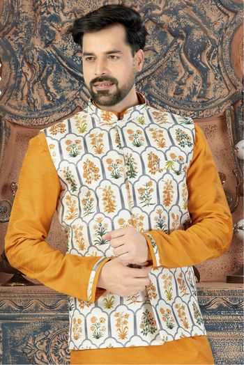 Silk Party Wear Kurta Pajama With Jacket In Mustard Colour