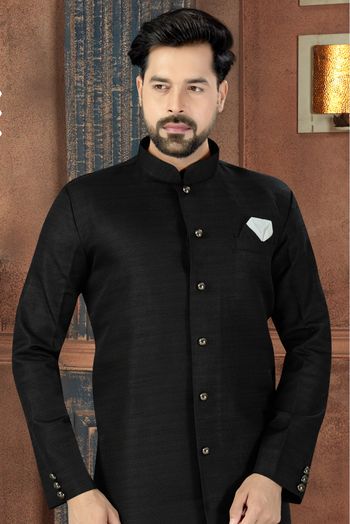 Silk Party Wear Sherwani In Black Colour