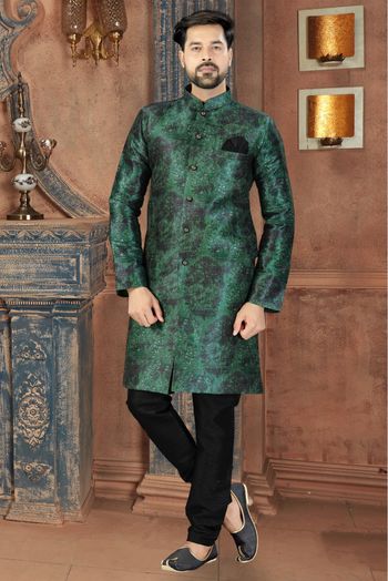 Silk Party Wear Sherwani In Green Colour