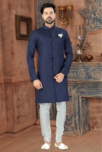 Silk Party Wear Sherwani In Navy Blue Colour SH4120220 A