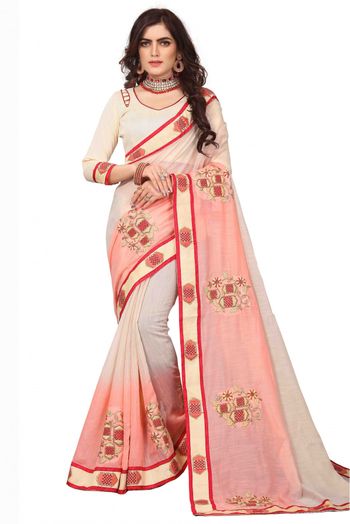 Art Silk Embroidery Saree In Off White And Peach Colour