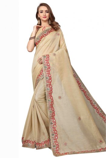 Cotton Silk Embroidery Saree In Cream Colour - SR1542502