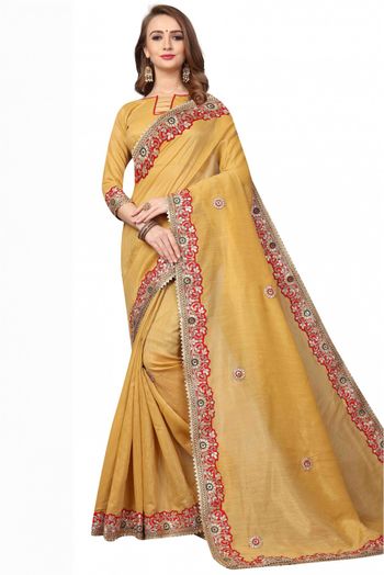 Cotton Silk Embroidery Saree In Mustard Colour