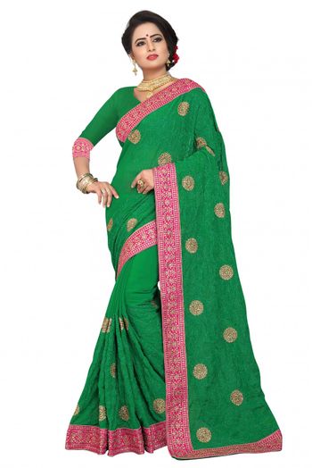 Vichitra Silk Embroidery Saree In Bottle Green Colour