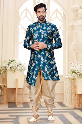 Jacquard Dhoti Sherwani In Blue And Cream Colour