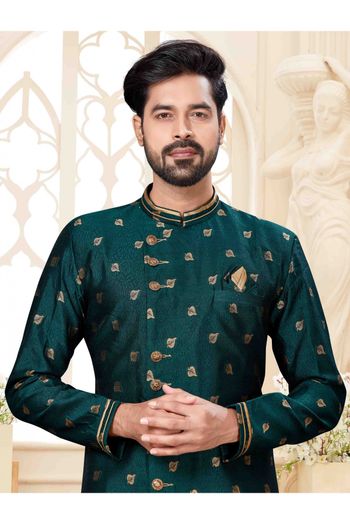 Jacquard Dhoti Sherwani In Dark Green Colour