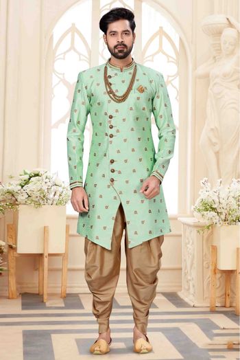 Jacquard Dhoti Sherwani In Green Colour