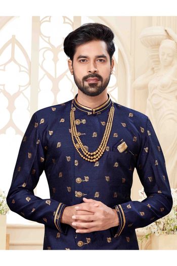 Jacquard Dhoti Sherwani In Navy Blue Colour