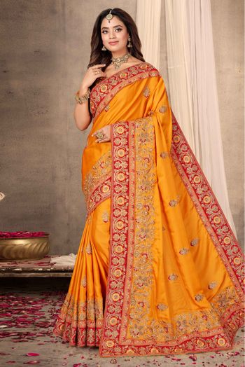 Satin Designer Saree In Mustard Colour