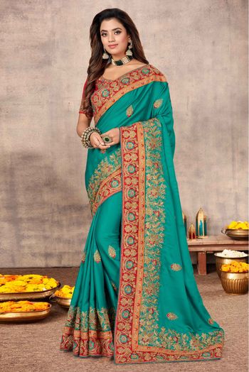 Satin Designer Saree In Rama Green Colour