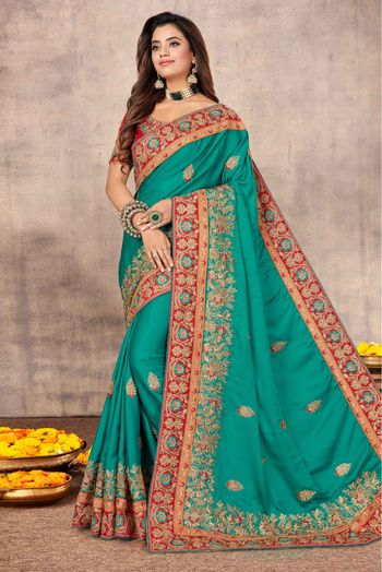 Satin Designer Saree In Rama Green Colour