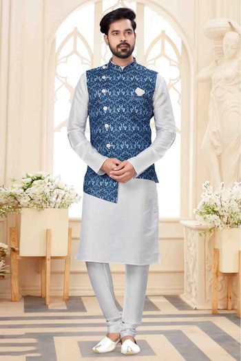 Silk Dupion Kurta Pajama With Jacket In White Colour - KP4120251