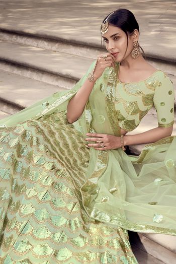 Soft Net Sequins Work Lehenga Choli In Pista Green Colour - LD4900372