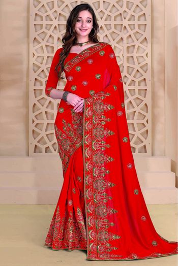 Shop Red Vichitra Silk Printed Designer Saree Festive Wear Online at Best  Price | Cbazaar