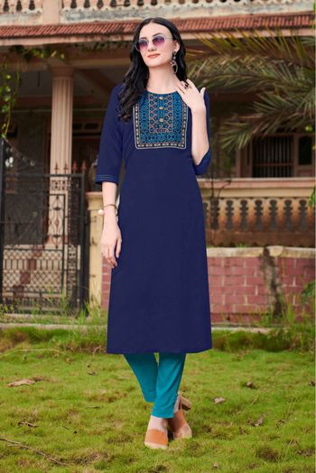 Cotton Embroidery Kurti In Blue Colour - KR5411999