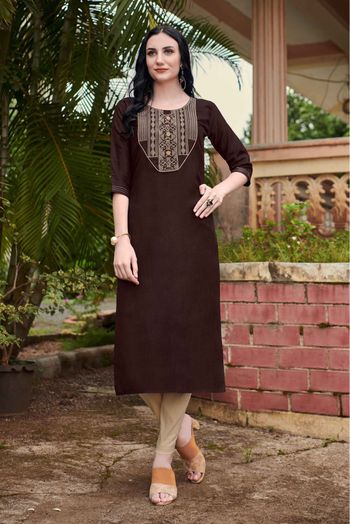 Cotton Embroidery Kurti In Brown Colour - KR5411997