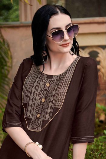 Cotton Embroidery Kurti In Brown Colour - KR5411997