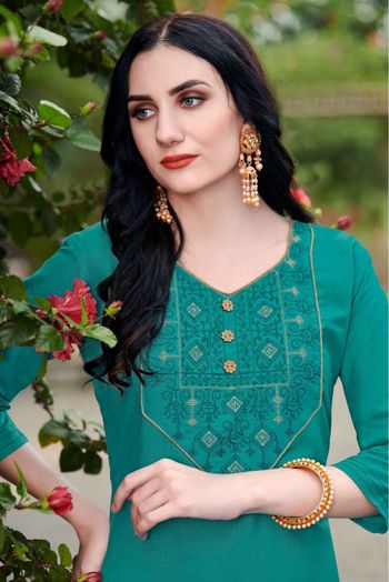 Cotton Embroidery Kurti In Green Colour - KR5412000