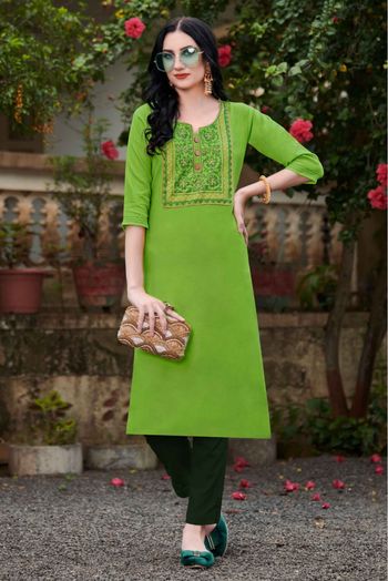 Rayon Embroidery Kurti In Pista Green Colour - KR5415755